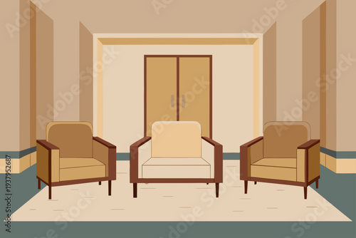 Twin Beige Armchairs and Sofa in a Marble Floored Room