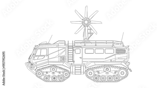 Arctic Exploration Vehicle: A detailed line drawing showcases a robust, tracked vehicle engineered for arctic exploration, equipped with a large fan and rugged design.