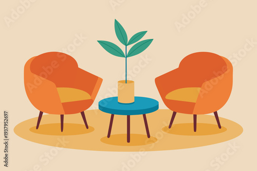 Twin Cushioned Chairs Beside a Floor Plant and Round Table