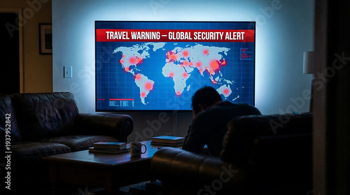 A person in a dark living room watches an urgent travel warning with a high alert level issued on a global security map.
