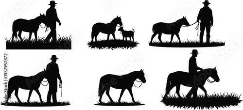 Black silhouette of cowboys and horses walking, riding, and standing in grass, perfect for western ranching and rural farm lifestyle.