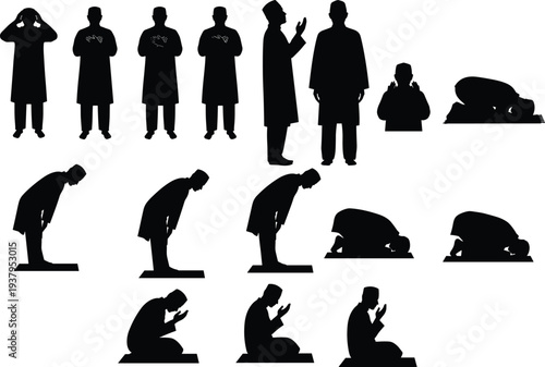 "Muslim Men Praying Salah Sequence Vector Silhouettes: Islamic Worship, Prayer Poses, Ruku, Sujud, Standing, Bowing, and Prostrating in Traditional Garb."