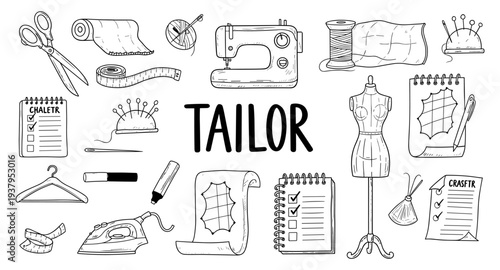 Collection of tailor's tools and sewing supplies in a hand-drawn doodle style