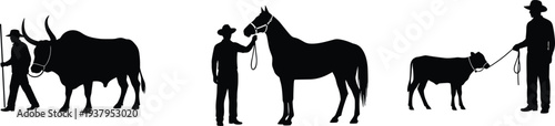 Black silhouette of farmers and ranchers leading a bull, horse, and calf on a white background for rural agriculture design concepts.
