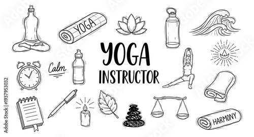 Collection of hand-drawn icons representing yoga instructor lifestyle and wellness