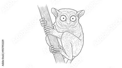 Sketch of Tarsier: A detailed monochrome sketch of a tarsier clinging to a tree branch, highlighting its large eyes and unique features.