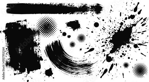 Dynamic black ink splatters and brush strokes on white background for creative design