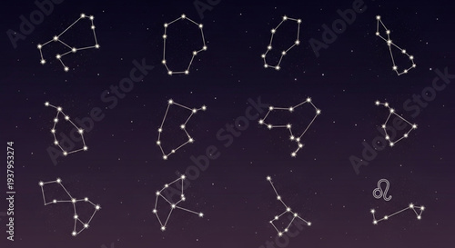 Collection of Zodiac Constellations on a Dark Starry Background.