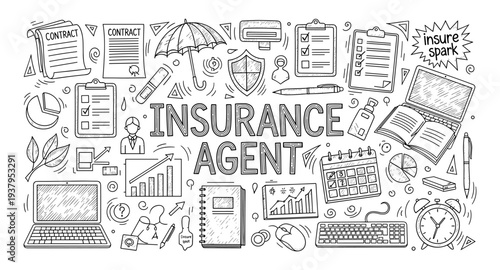 Doodle illustration of an insurance agent's work and tools, symbolizing business and protection