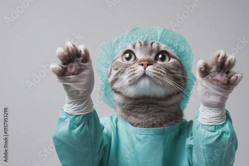 Cat in surgical scrubs and cap, latex gloves raised, focused expression