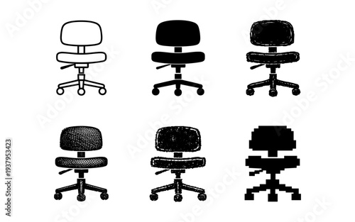 Collection of six office chairs in various artistic styles and textures