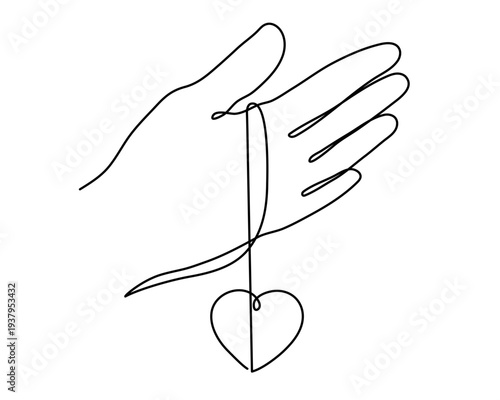 Hand holds jewel heart one line art, love treasure gem feeling concept continuous contour drawing,hand-drawn Valentine's day precious decoration. Romantic engagement promise symbol. Editable stroke. I