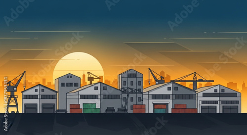 Industrial Warehouses and Cranes at Sunset.