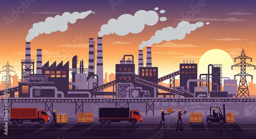 Industrial Factory Complex with Smokestacks and Trucks at Sunset.