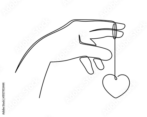 Hand holds jewel heart one line art, love treasure gem feeling concept continuous contour drawing,hand-drawn Valentine's day precious decoration. Romantic engagement promise symbol. Editable stroke. I