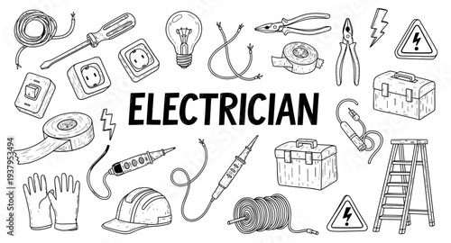 Collection of hand-drawn electrical tools and safety equipment for electricians