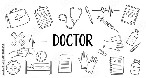 Doctor's office essentials and medical supplies doodle art collection