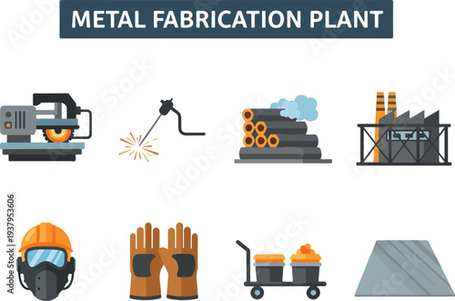 Icons of metal fabrication plant elements saw welder pipes factory safety mask gloves cart sheet metal