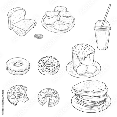 Sweet Easter pastries and pancakes for Maslenitsa, a set of hand-drawn sketches. Vector illustration. Iced donuts and Easter cakes, a collection isolated on a white background.