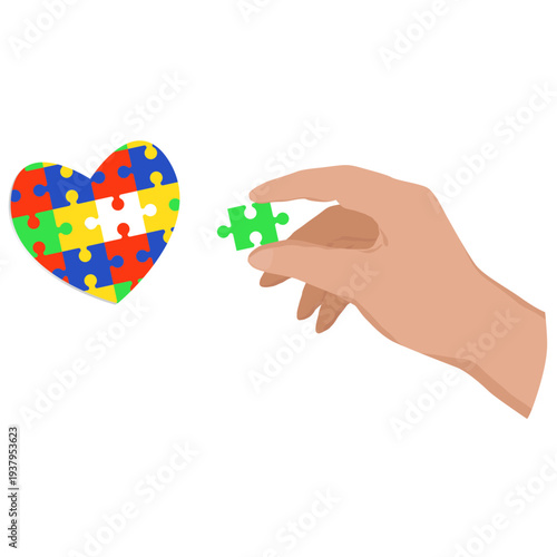A hand holding a jigsaw puzzle and assembling a heart-shaped puzzle: a concept of love, relationships, and psychology. Vector illustration. Illustration for the World Autism Awareness Day month.
