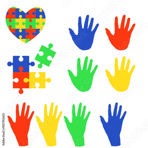 A set dedicated to World Autism Awareness Day featuring multiple hands and a heart, decorated with a puzzle-like pattern. Vector illustration. Multicolored puzzle pieces and hands.
