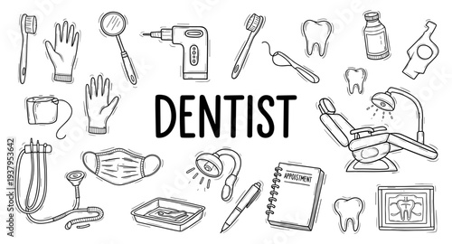 Hand-drawn dentist tools and equipment collection with the word dentist