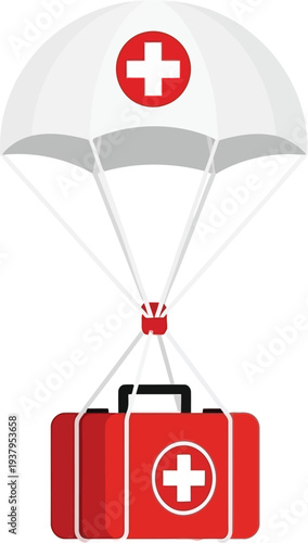 Medical first aid kit falling with parachute for emergency humanitarian relief and disaster rescue