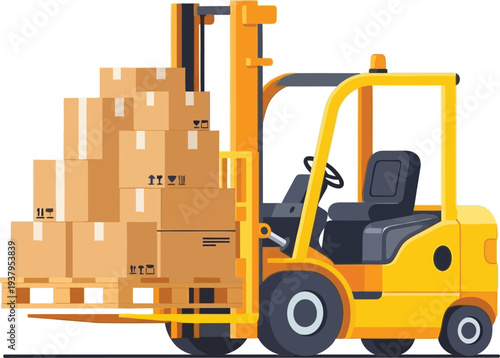Yellow forklift loading cardboard boxes on pallet at warehouse