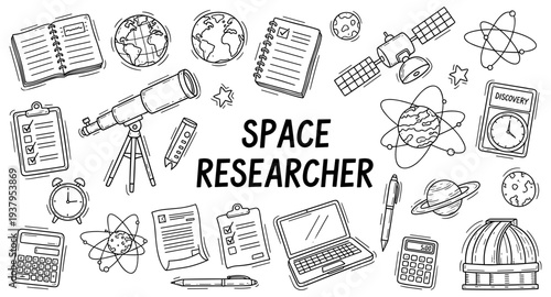 Space researcher's tools and symbols in a doodle art style