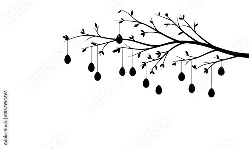 Easter sunday eggs hanging from a tree branch on a white background