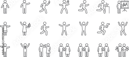 Black and white human icons, activity symbols, people interaction graphics, teamwork elements, presentation signs, lifestyle actions, essential UI UX design collection