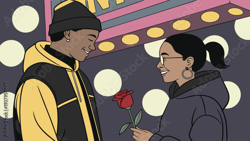 A vector illustration of a man giving a rose to a woman
