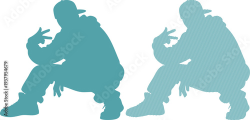 Teal silhouette man crouching with hand gesture