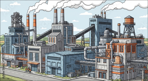 Industrial factory complex with smoke stacks and water tower.