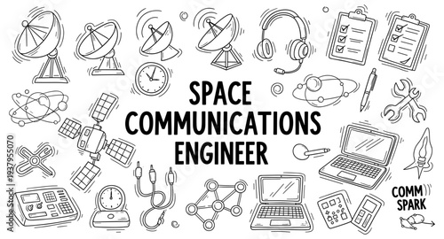 Space communications engineer career concept with hand-drawn icons and text