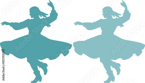 Two teal dancers one solid one striped dancing woman