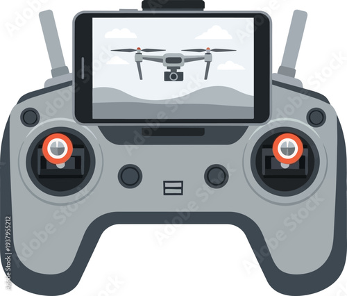 Drone remote control with smartphone displaying drone image, aerial photography