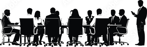 Business meeting silhouette, corporate teamwork figures, conference table discussion, professional collaboration scene