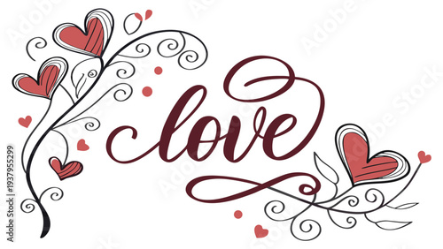 A beautiful vector graphic illustration of the word love surrounded by hearts