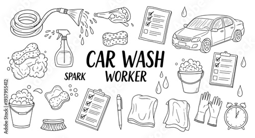 Hand-drawn illustration of car wash tools and supplies for a clean automobile