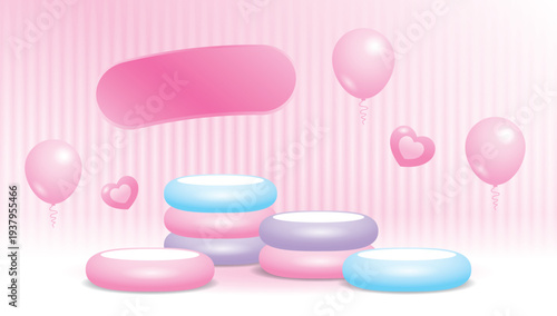 cute colorful pastel podium display set on sweet shiny pink backdrop background with girly hearts and balloons 3d illustration vector for putting object or product