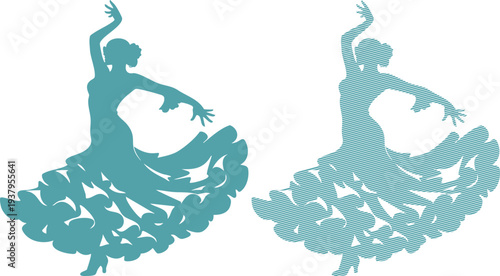 Teal silhouette of flamenco dancer with flowing dress
