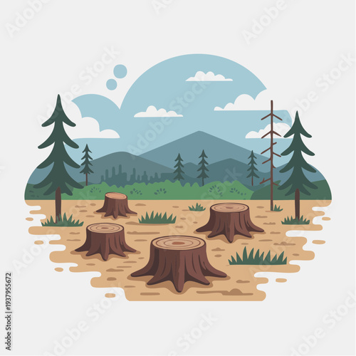 deforestation illustration with tree stumps and mountain landscape
