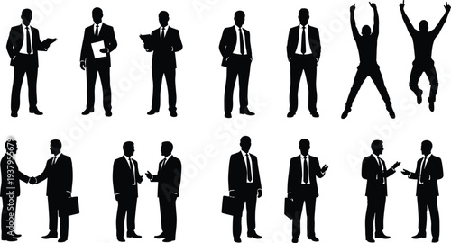 Businessmen silhouette collection, corporate interaction figures, handshake conversation poses, professional attire suits ties