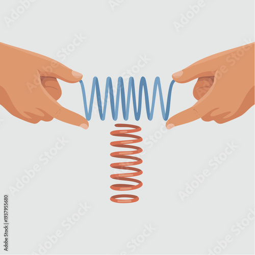 Hands stretching and compressing blue and red springs