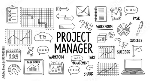 Project manager doodles illustrating tasks, charts, and success metrics