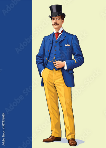 071-20-Dandy gentleman standing, wearing a traditional formal suit with a top hat and watch chain