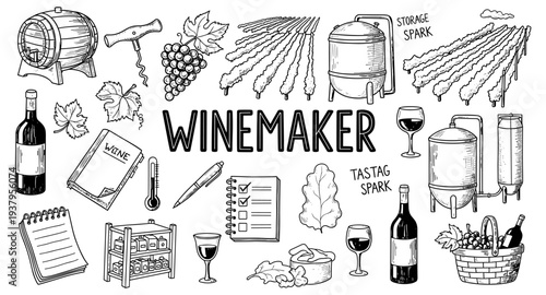 Hand-drawn illustration of winemaking process elements and tools for a winemaker