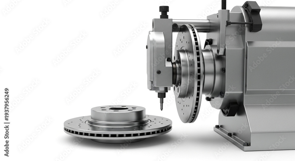 Fototapeta premium Precision brake disc skimming machine in action, , highlighting the process of resurfacing for optimal performance