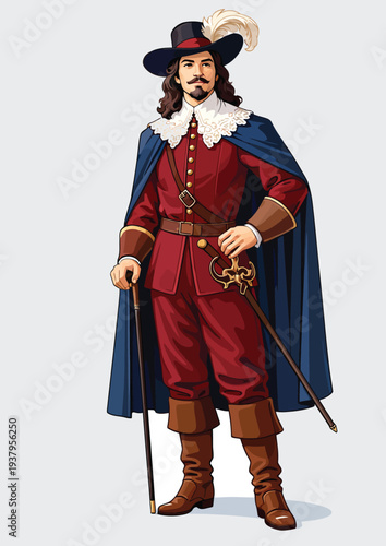 071-23-Musketeer cavalier standing in 17th century historical costume with sword and feather hat